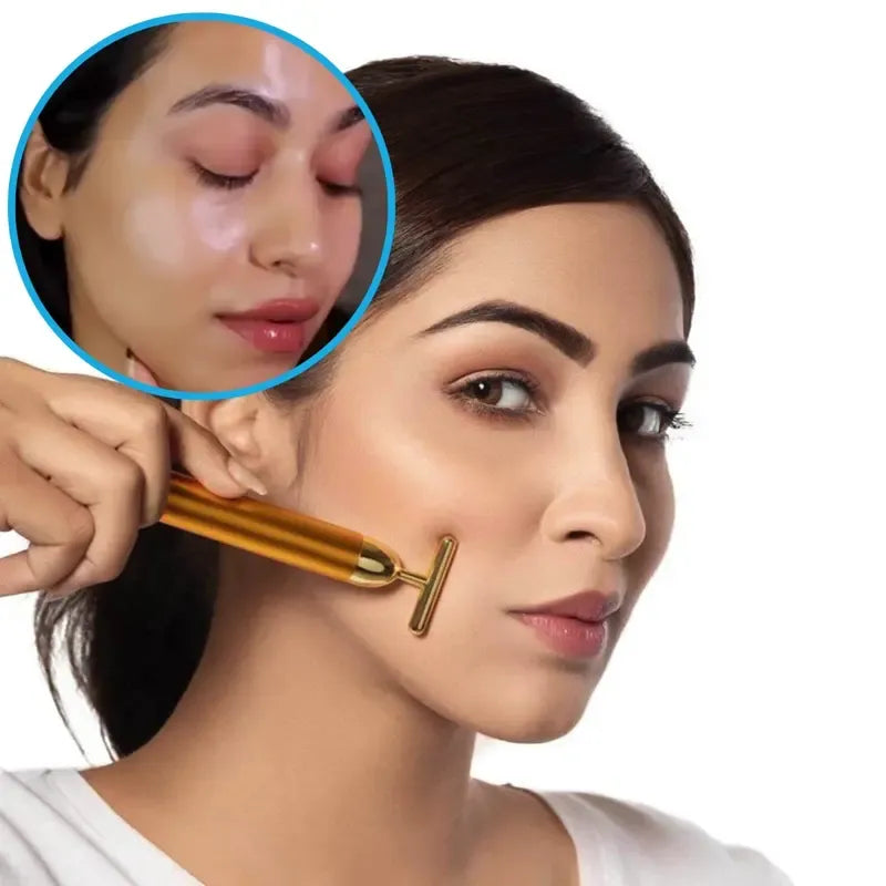 24K Gold T-Shape Vibrating Face Massager 50% OFF